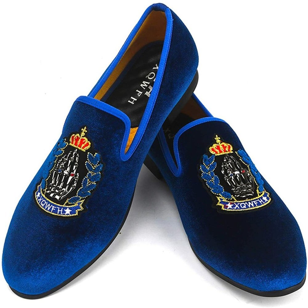 Men's Velvet Embroidered Slip-On Loafers in Royal Blue